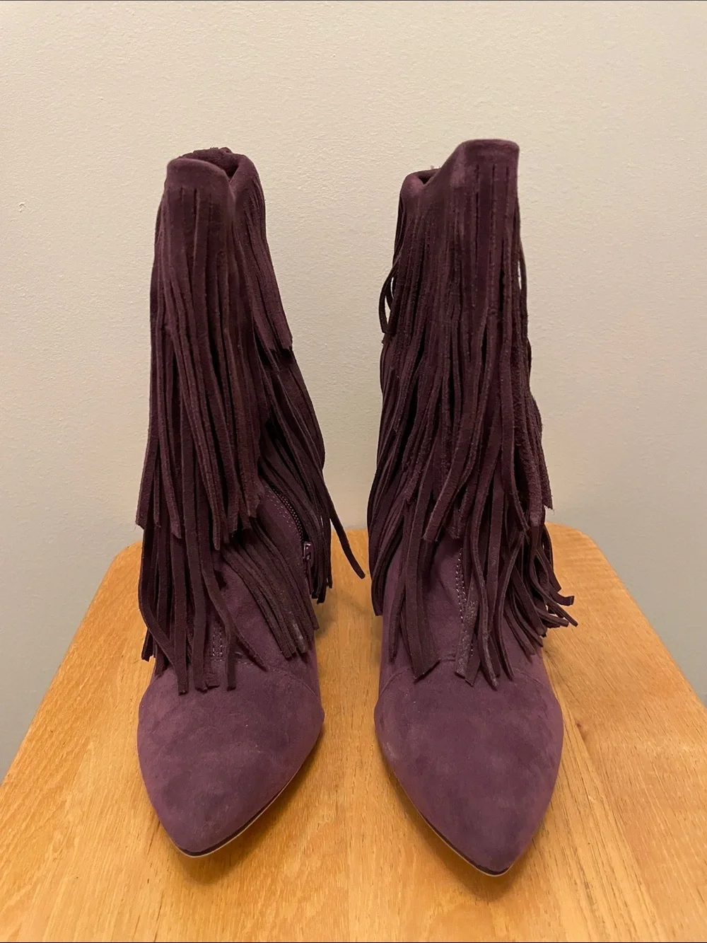 Lilliana Tesla-1 Fringe Wedge Booties - Plum Purple - New in Box Size 8